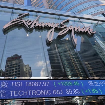 Stock and index tickers seen outside the Exchange Square complex in Central, Hong Kong. Photo: Jelly Tse