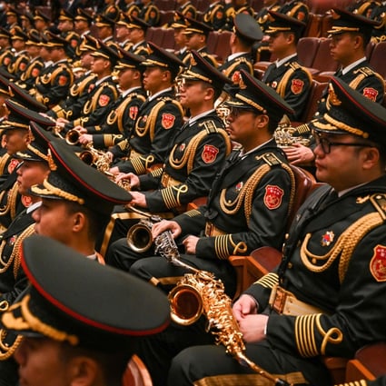 Members of the People’s Liberation Army band at the opening session of the 20th Communist Party congress, at the Great Hall of the People in Beijing on October 16. Photo: AFP