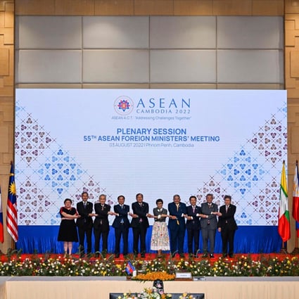 Southeast Asian foreign ministers during a plenary session at the 55th Asean Foreign Ministers Meeting in Phnom Penh in August 2022. Photo: AFP
