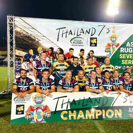 Hong Kong celebrate their win in the first leg of the Asia Rugby Sevens Series in Bangkok. Photos: Handout