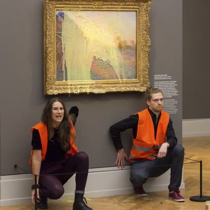 Climate protesters of Last Generation after throwing mashed potatoes at the Claude Monet painting  Les Meules (Haystacks). Photo: AP