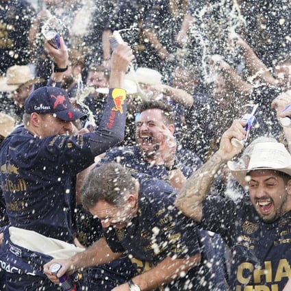 Max Verstappen celebrates with the Red Bull team after the US Grand Prix. Photo: AP
