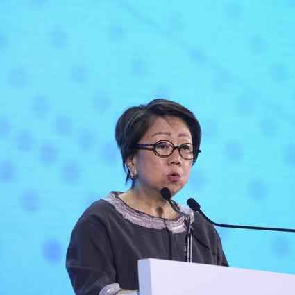 Laura Cha Shih May-lung, chairwoman of Hong Kong Exchanges and Clearing (HKEX), speaks at a financial forum for the Greater Bay Area in Hong Kong on September 21, 2022. Photo: SCMP / Yik Yeung-man