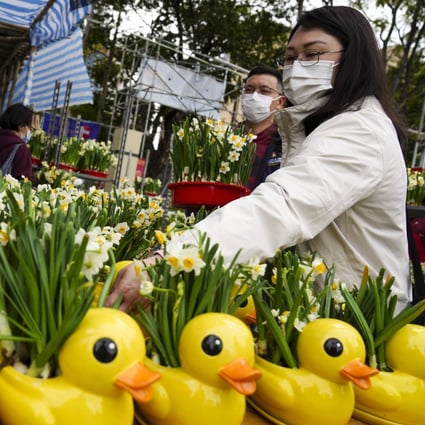 Customers visit the Lunar New Year flower market at Victoria Park in Causeway Bay, amid the Covid-19 crowd-control measures in 2021. Photo: Sam Tsang