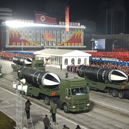 Submarine-launched ballistic missiles are seen during a military parade celebrating the 8th Congress of the Workers’ Party of Korea (WPK) in Pyongyang. Photo:  KCNA/KNS via AFP/File