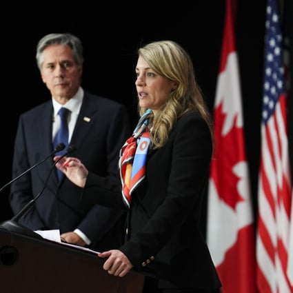 US Secretary of State Antony Blinken listens as Canadian Foreign Minister Melanie Joly speaks during a joint press conference following bilateral talks in Ottawa on Thursday. Photo: The Canadian Press via AP