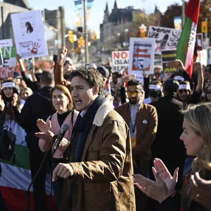 Canadian Prime Minister Justin Trudeau speaks to demonstrators in Ottawa, Ontario on Saturday. Photo: The Canadian Press via AP