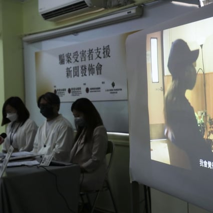 Scam victim Li talks on screen about the trauma of being cheated out of hundreds of thousands of dollars as charity Caritas appeals for more help for victims of fraud. Photo: Xiaomei Chen