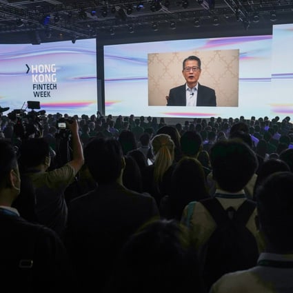 A pre-recorded video by Financial Secretary Paul Chan is shown at the opening ceremony of FinTech Week. Photo: Sam Tsang