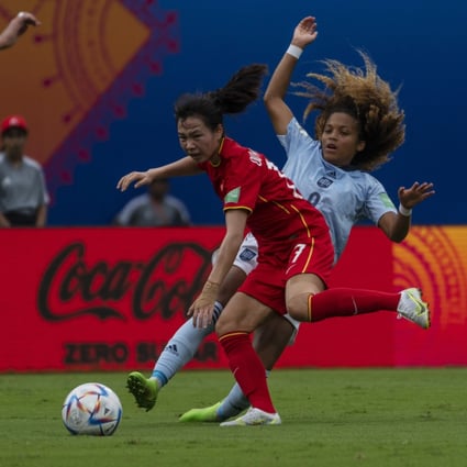 China’s Huo Yuexin, second from right, fights for the ball during the FIFA U-17 Women’s World Cup soccer match between China and Spain in Navi Mumbai, India, on October 18. Photo: AP