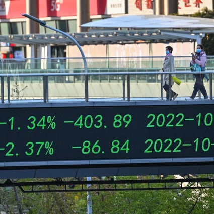 People walk across a bridge with a stocks indicator board in the financial district of Lujiazui in Shanghai. Photo: AFP