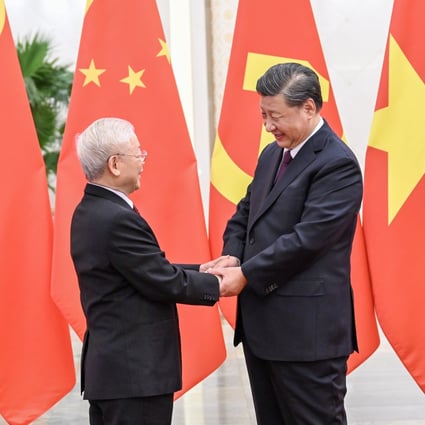 Xi Jinping welcomes Nguyen Phu Trong to Beijing on Sunday. Both are serving their third term as leaders of the ruling communist party of their respective countries. Photo: Xinhua