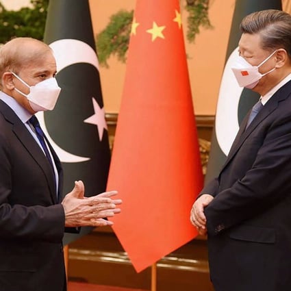 Chinese President Xi Jinping with Pakistani Prime Minister Shehbaz Sharif ahead of talks at the Great Hall of the People in Beijing on Wednesday. Photo: AFP