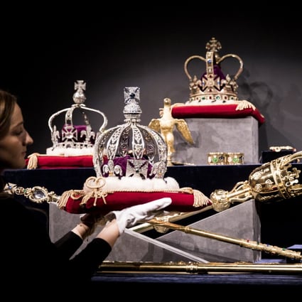 One of the replica sets of the British Crown Jewels made for Queen Elizabeth’s coronation in 1953, on display at Sotheby’s London in January 2018, ahead of being auctioned off. Photo: Getty Images