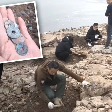 Amateur treasure hunters, armed with metal detectors and spades have descended on riverbeds in China recently exposed by a record summer heatwave. Photo: SCMP composite