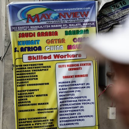 An advertisement looking for skilled workers in Manila to go to the Middle East in 2017 before the Philippines suspended deployment of Filipino workers to Qatar, Egypt, Saudi Arabia, Bahrain and the United Arab Emirates. Photo: EPA