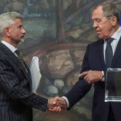 Russian Foreign Minister Sergey Lavrov (right) and his Indian counterpart Subrahmanyam Jaishankar at a news conference following their talks in Moscow on Tuesday. Photo: Reuters