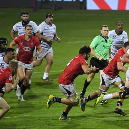 The USA Eagles lock Cam Dolan breaks through the Hong Kong defence during a Rugby World Cup 2023 final qualifying game at The Sevens Stadium in Dubai. Photo: World Rugby