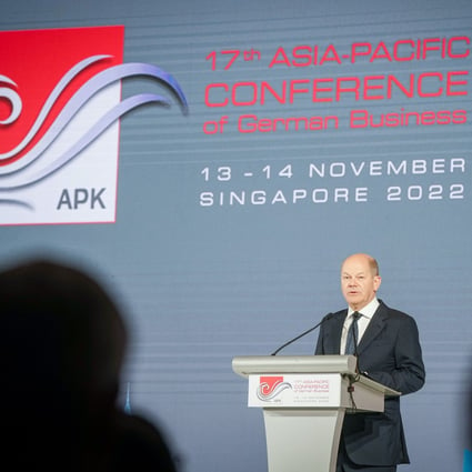 German Chancellor Olaf Scholz speaks during the 17th Asia-Pacific Conference of German Business. The German leader was in a Singapore for a two-day visit - his first since taking office last December - and will attend the G20 Summit in Bali on Tuesday. Photo: dpa