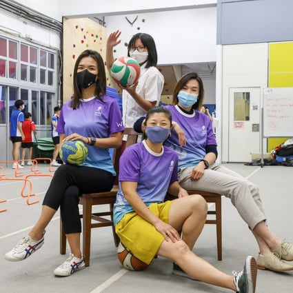 (L-R) Peony Tam, Project manager (L1); Student Emma Yung Yuen-chi (Upper row, L2) from Ng Yuk Secondary School; Jay Kan (R1), Project Consultant and Alicia Lui (Lower row, L2) , founder of Women In Sports Empowered Hong Kong pose at the Ng Yuk Secondary School. 18OCT22 SCMP /K. Y. Cheng