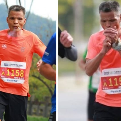 A 50-year-old man in China goes viral worldwide after he was photographed running a full marathon in just three and a half hours while chain-smoking. SCMP composite/Weibo