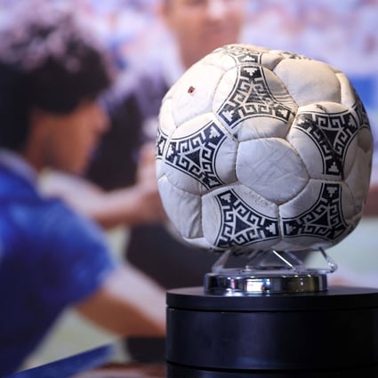 The football that Diego Maradona used to score his infamous ‘Hand of God’ World Cup goal for Argentina against England in 1986. Photo: AFP