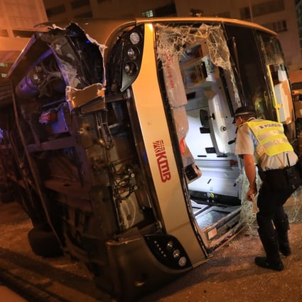 An overturned bus in Tai Wai, following a fatal accident on November 18, 2021. Photo: Felix Wong