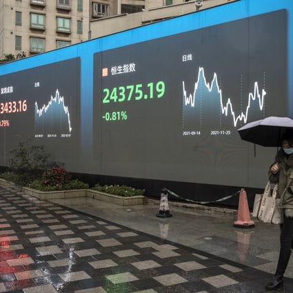 A screen displays the Shenzhen Stock Exchange and the Hang Seng Index figures in Shanghai in February 2022. Photo: Bloomberg