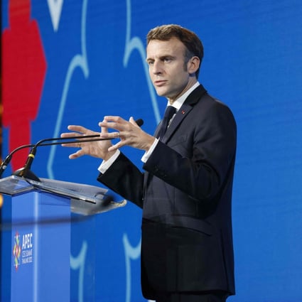 French President Emmanuel Macron addresses the APEC CEO summit in Bangkok on Friday. Photo: AFP