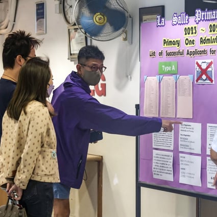 Parents check out the results at La Salle Primary School in Kowloon Tong. Photo: Jonathan Wong