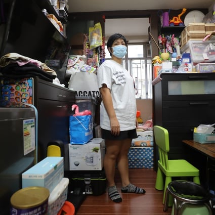 Connie Lo at home in Sham Shui Po. Lo lives with her husband and daughter in a subdivided flat. Photo: Xiaomei Chen

