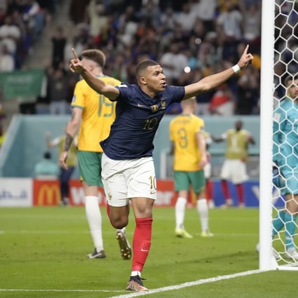 France’s Kylian Mbappe celebrates after scoring against Australia. Photo: AP