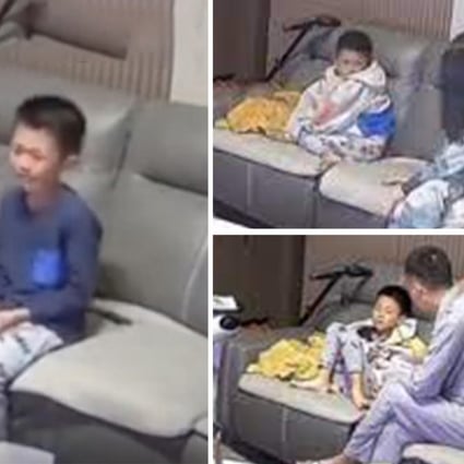 In the latest case of tough love parenting in China, a boy caught by his parents watching too much TV is made to watch television for hours as a punishment. Photo: SCMP composite/Handout
