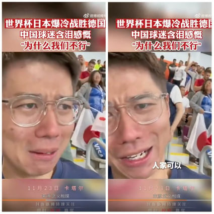 Weibo influencer ‘Goat’ cries during Japan’s World Cup win over Germany. Photo: Weibo