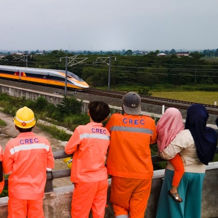 A test train zips along a trial section of the Jakarta-Bandung high-speed railway in Indonesia on November 8. The prestigious project reflects China’s expanding economic influence in Southeast Asia. Photo: Xinhua