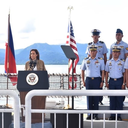 US Vice-President Kamala Harris delivers a speech on board a Philippine Coast Guard ship during a visit to the island of Palawan on Tuesday. Photo: EPA-EFE