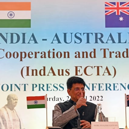 Indian Commerce Minister Piyush Goyal speaks after a virtual signing ceremony in April for his country’s trade deal with Australia that could take effect in the coming weeks. Photo: AFP