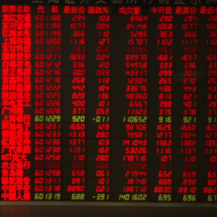 Stock prices on display inside a brokerage house in Beijing. Photo: AP