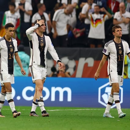 Germany’s (from left) Jamal Musiala, Kai Havertz and Thomas Mueller are dejected after Germany’s elimination. Photo: Reuters