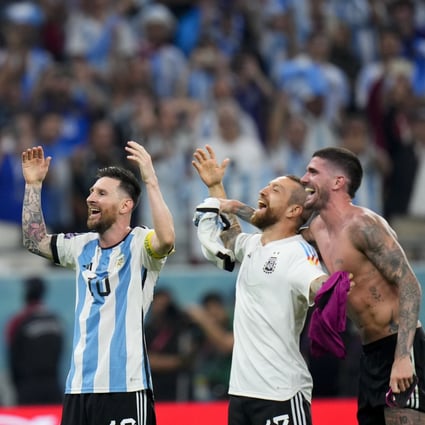 Argentina’s Lionel Messi, left, Alejandro Gomez, centre, and Rodrigo De Paul celebrate their Fifa World Cup win against Australia in Doha, Qatar on Saturday. Photo: AP