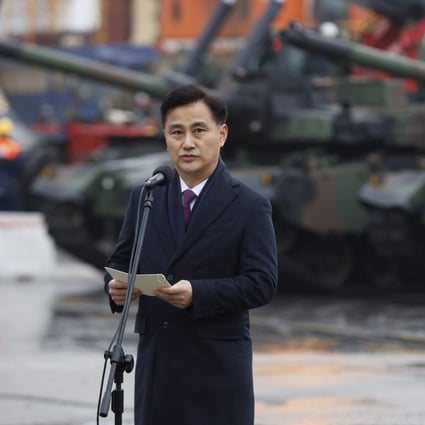 South Korea’s Defence Acquisition Programme Administration Minister Eom Dong-hwan in Poland on Tuesday. He was there to help welcome the first delivery of his country’s tanks and howitzers to the nation, which borders Ukraine. Photo: AP