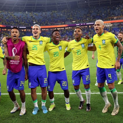 Brazil’s players celebrate their side’s 4-1 win over South Korea in the second round of the World Cup in Qatar’s Stadium 974. Photo: Reuters