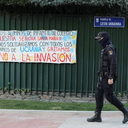 A police outside the Ukrainian embassy in Madrid after a letter bomb arrived. Photo: Reuters