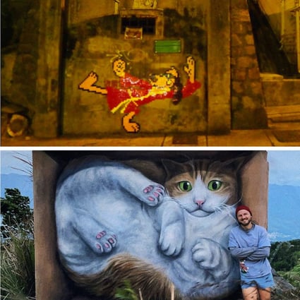(Clockwise) The late Tsang Tsou-choi, known as the King of Kowloon, sat beside one of his works, one of “Invader’s” pieces and “Vladimir” with a cat mural. Photo: SCMP COMPOSITE