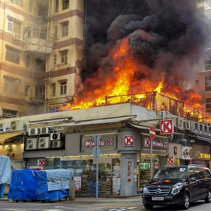 A fire broke out at a podium of a Hong Kong residential building in Mong Kok. Photo: Edmond So