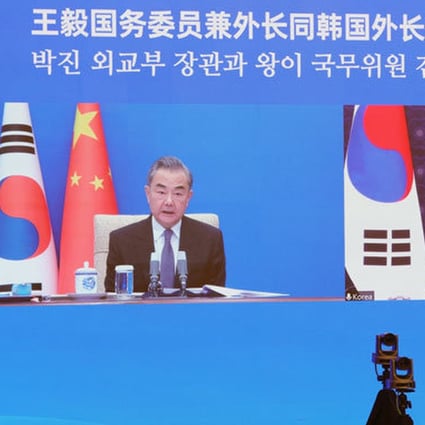 Chinese Foreign Minister Wang Yi (left) holds a video conference with his South Korean counterpart Park Jin on Monday. Photo: Weibo