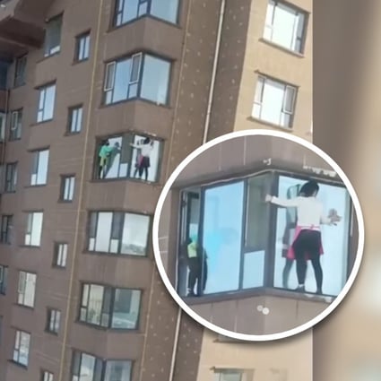 A viral video of two women cleaning high-rise apartment windows without any safety equipment shocks China. Photo: SCMP composite/handout