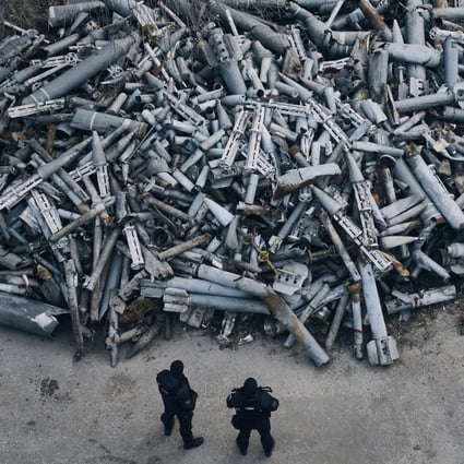 Collected fragments of Russian rockets that have hit Kharkiv, Ukraine. Photo: AP