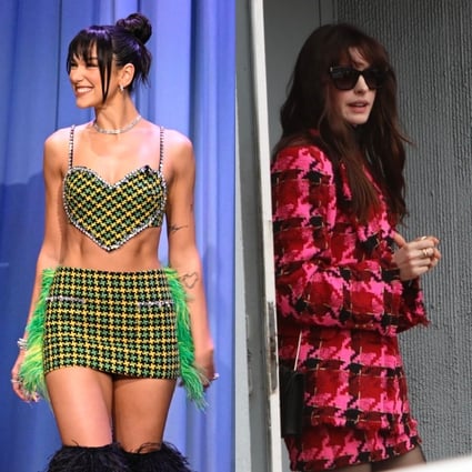 The houndstooth pattern is a timeless, iconic print and has fans in major fashion houses and stars like Anne Hathaway (right) and Dua Lipa.