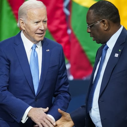 US President Joe Biden shakes hands with Senegal’s President Macky Sall at a US-Africa summit event in Washington on Thursday. Photo: AP